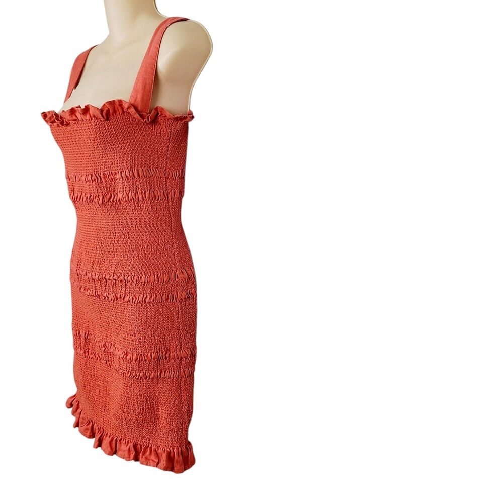 Revolve Capulet Linen Mini‎ Dress L Orange Smocked Resort Vacation - Picture 3 of 11